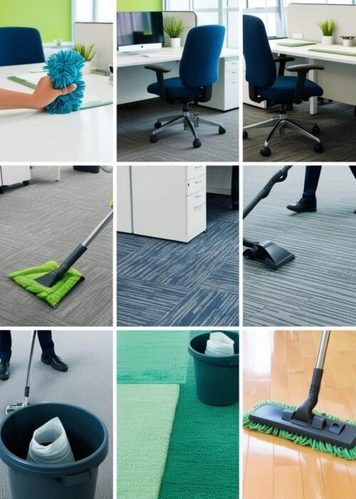 Dusting and wiping desks, chairs, and surfaces_Vacuuming carpets and rugs_Sweeping and mopping hard floors_Emptying trash and replacing liners_Cleaning and sanitizing restrooms_ no homan face Dusting and wiping